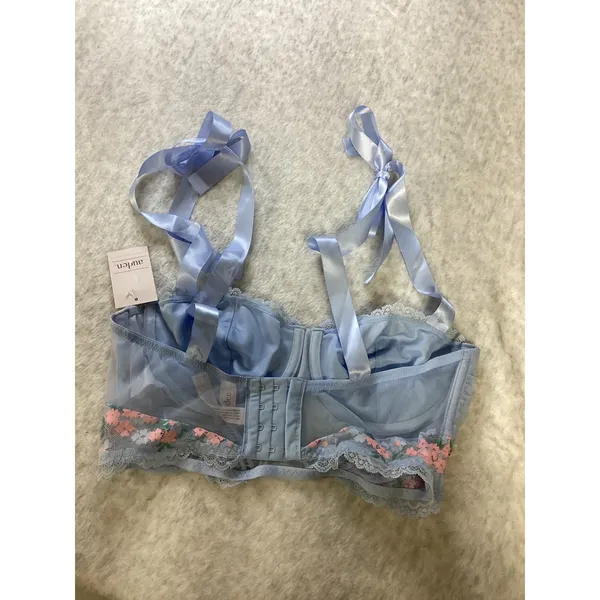 Auden Light Blue Floral Embroidered Mesh‎ Bustier Ribbon Tie Straps Medium NEW - Image 4