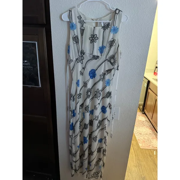 Pretty Good Vintage 90s Floral Maxi Dress Blue Cream Sleeveless‎ Empire Waist M - Image 2