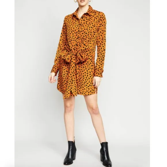 New Tie Front Button Down Shirtdress Animal Print Long Sleeve Mini - Image 2