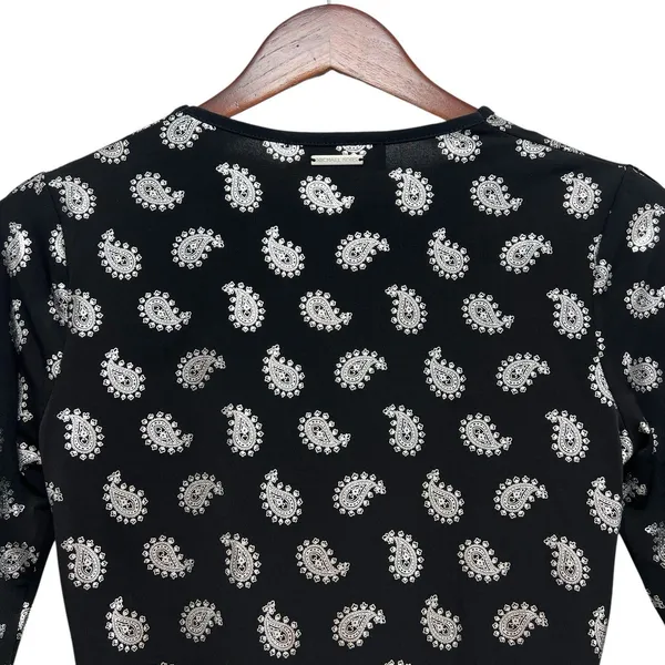 MICHAEL KORS Black/Silver Foil Paisley Flounce Shift Dress Bell Sleeves Size S - Image 15