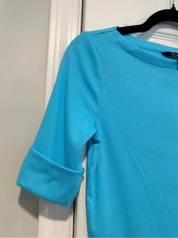 NWOT LRL Lauren Ralph Lauren Size S Blue Boat Neck Cuffed Sleeve Top Cotton - Image 4