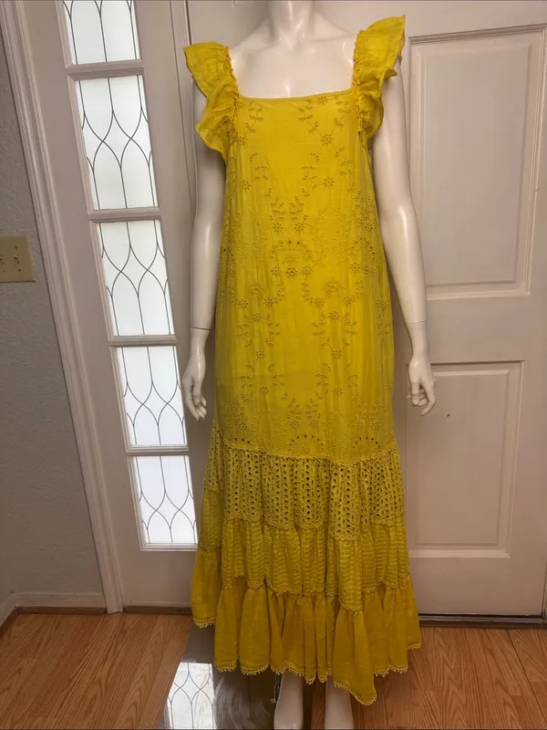 Payal Jain BOHO Yellow Eyelet Floral Lace by Anthropologie Maxi Dress Dz 2 - Image 3