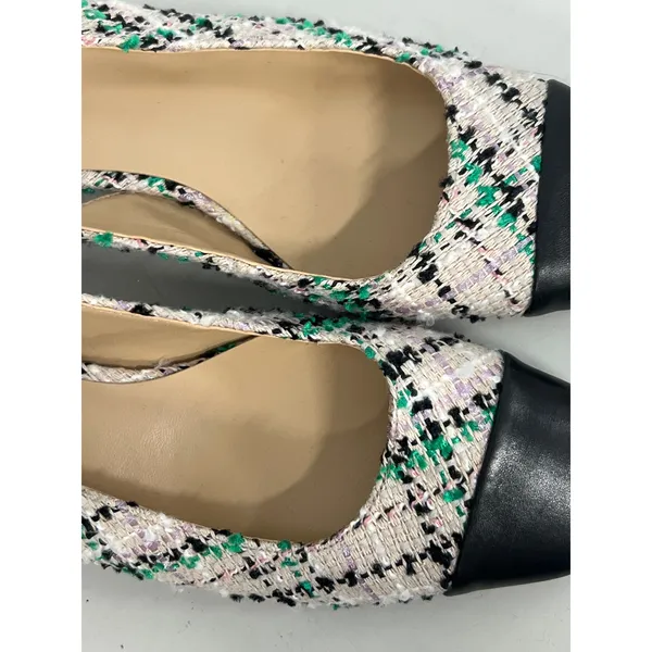 Ann Taylor Sz 7.5 Tweed Cap Toe Block Heel Slingback Pumps Black White Teal - Image 5