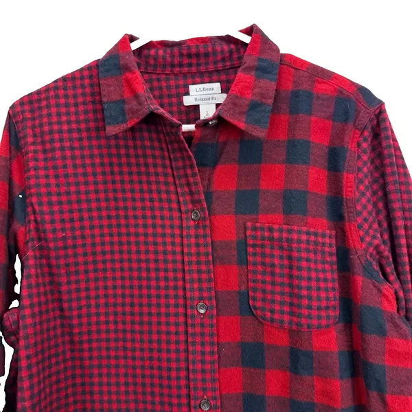 LL Bean Red/Black Scotch Plaid Cotton Flannel Button Shirt Relaxed Fit LARGE - Image 4