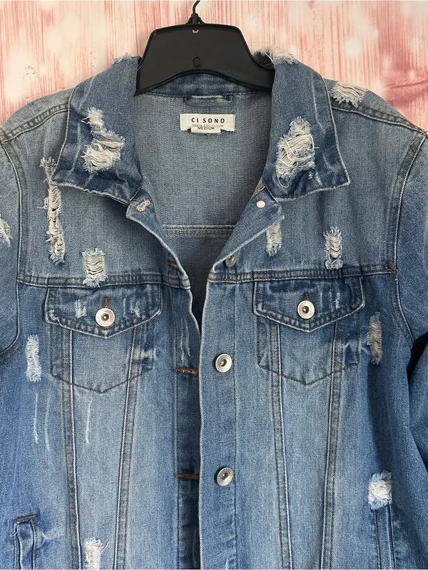Ci Sono Blue Medium Wash Distressed Boyfriend Oversized Denim Jacket Size M - Image 4