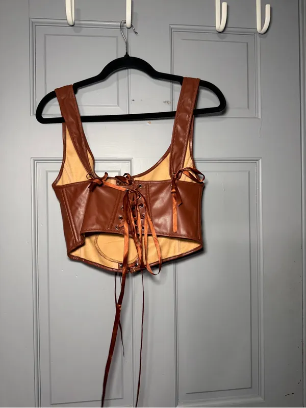 Faux Leather Rust Brown Lace-Up Crop Top corset - Image 3