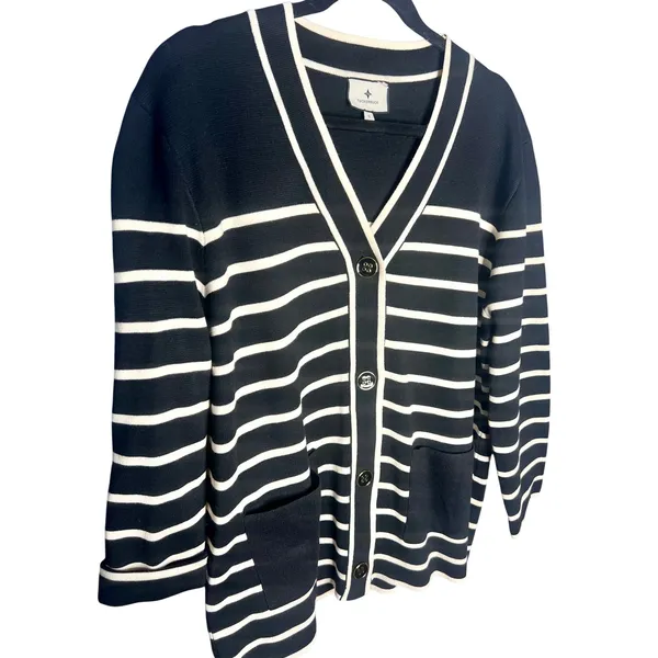 Tuckernuck Lauren Cardigan Size Small Black White Striped V Neck Sweater‎ - Image 4