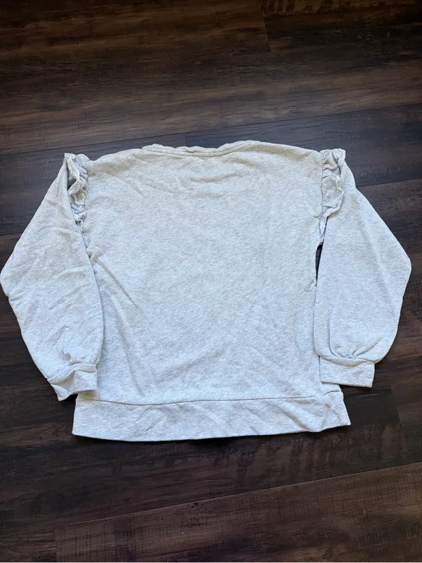 LOFT Womens Size Medium Light Gray Ruffle-Trim Pullover Sweatshirt - Image 3