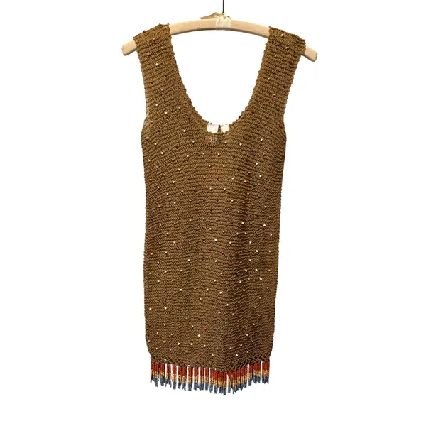 Vicky Moreinis Brown Knit Beaded Swimwear Cover up Dress Beaded Fringe Stretch - Image 3