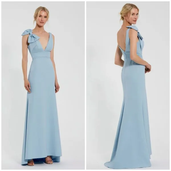 Mac Duggal Blue Sleeveless V Neck Bow Detail Mermaid Gown Size 2 - Image 3