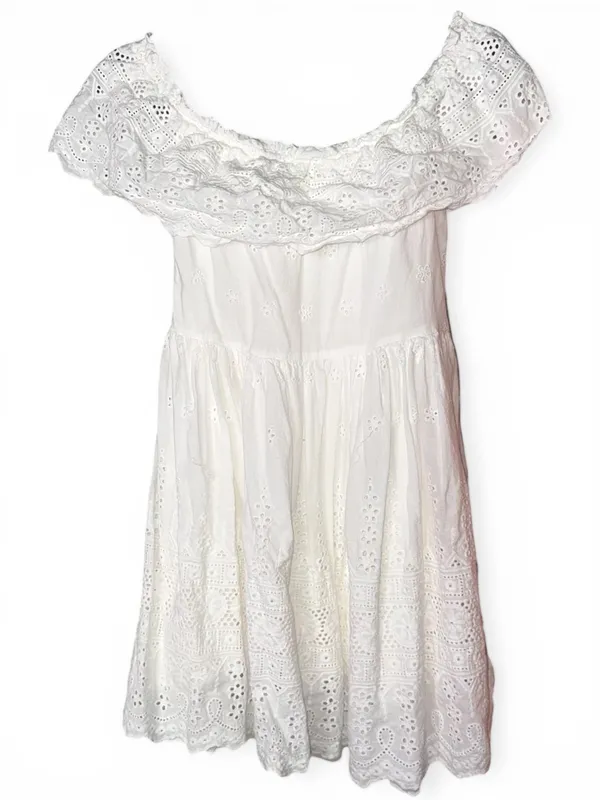 Lulus - White Eyelet Off Shoulder Babydoll Mini Dress Boho Cottagecore - Size XL - Image 6