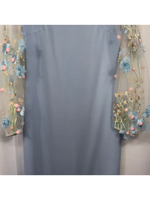 SHEIN Floral Mesh Sleeve Maxi Dress M Blue - Image 3
