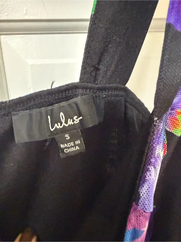 Lulu's Black Mini Dress with Purple, Blue & Green Floral Print - Image 2