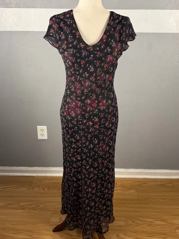 Black Floral V-Neck Maxi Dress with Pink Roses Reversible small-medium - Image 7