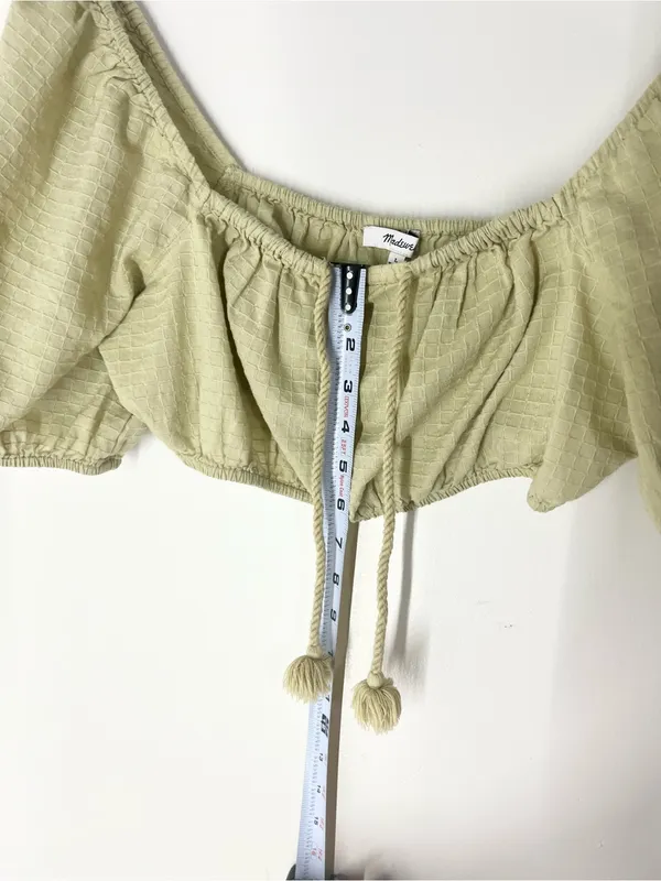 Madewell Olive Green Puff Sleeve Crop Top with Tassel Tie - Image 7