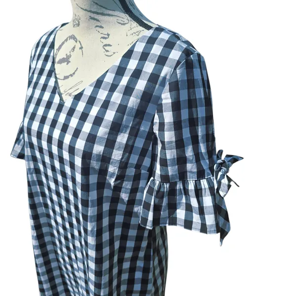J. Crew Factory‎ NWT Gingham Dress V-Neck Tie Sleeve Black White Size S - Image 5