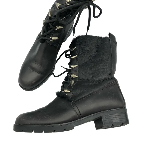 SGN Black Leather Lace Up Fur Trim Combat Boots Womens 37 Goth Witchy Whimsy - Image 2