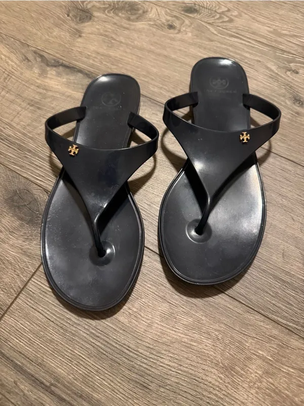 Tory Burch Navy Jelly Logo Thong Sandals with Gold Emblem - Image 5