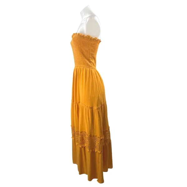 Zesica Smocked Tiered Crochet Sleeveless Tube Bandeau Maxi Flare A-Line Dress S - Image 2