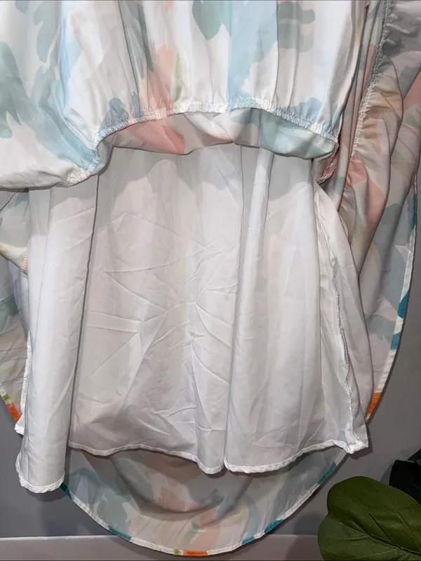 Smocked Puff-Sleeve Midi Dress in White with Orange & Teal Print - Image 2