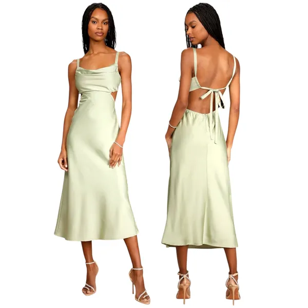 Lulus Stun to Remember Sage Green Satin Cowl Neck Cutout Midi Dress size S NWT - Image 2