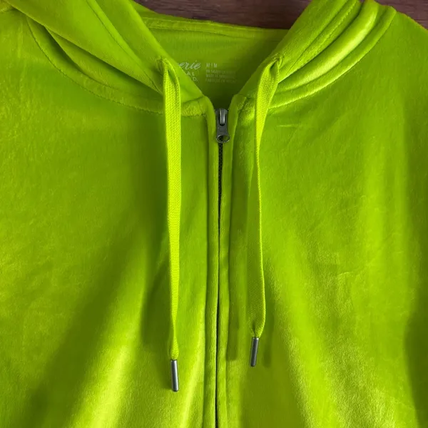 Aerie Real Good Neon Lime Green Velour Cropped Zip Up Hoodie Medium - Image 3
