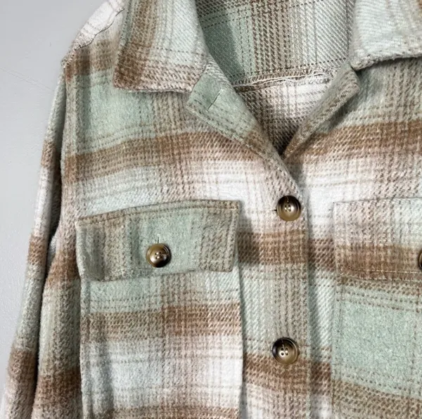 Umgee Boutique Pastel Green Brown Plaid Shacket Boxy Fit Top Jacket Layering M - Image 2