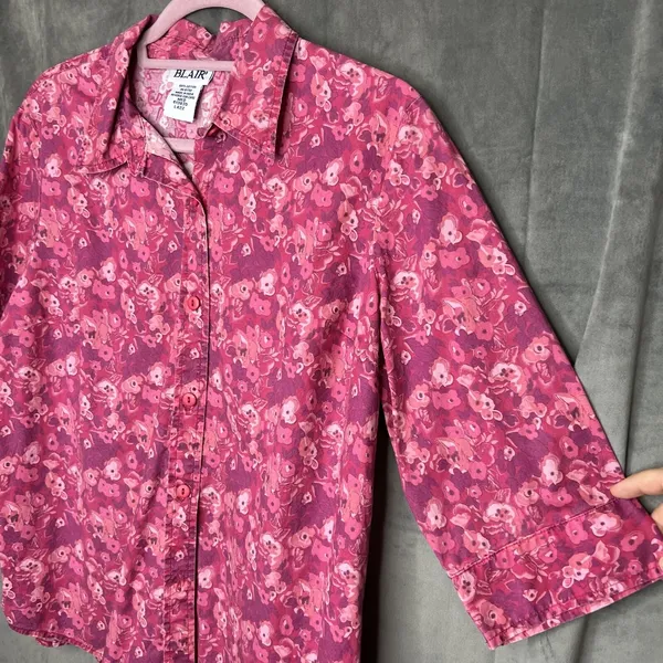 Blair Pink Floral Cotton Button‎ Down Shirt 3/4 Sleeve Womens Medium - Image 2