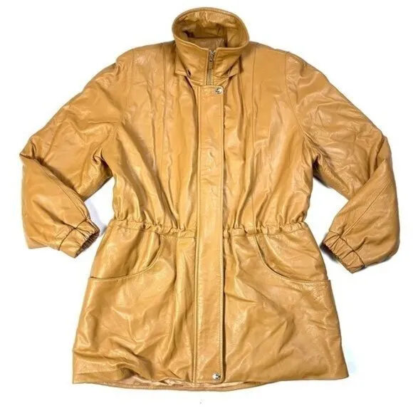 Damselle Nordstrom‎ Drawstring Waist Leather Jacket Tan Size M - Image 3
