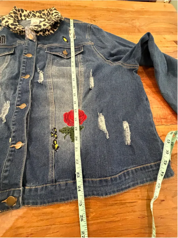 K Jordan 2pc Denim Set Plus Sz 3X Jacket 24W Jeans Leopard Rose Distressed Queen - Image 9