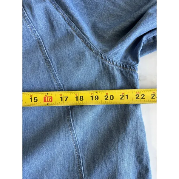 LOFT Women L Denim Chambray Tie Neck Wide Sleeve Tiered Drop Waist Dress Cotton - Image 7