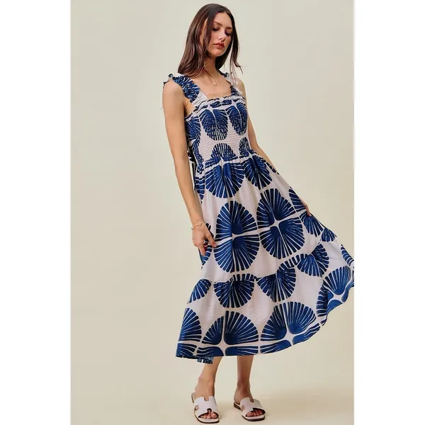 SO ME Abstract Print Smocked Bodice Tiered Lined Midi Dress - Navy - Large - Image 8