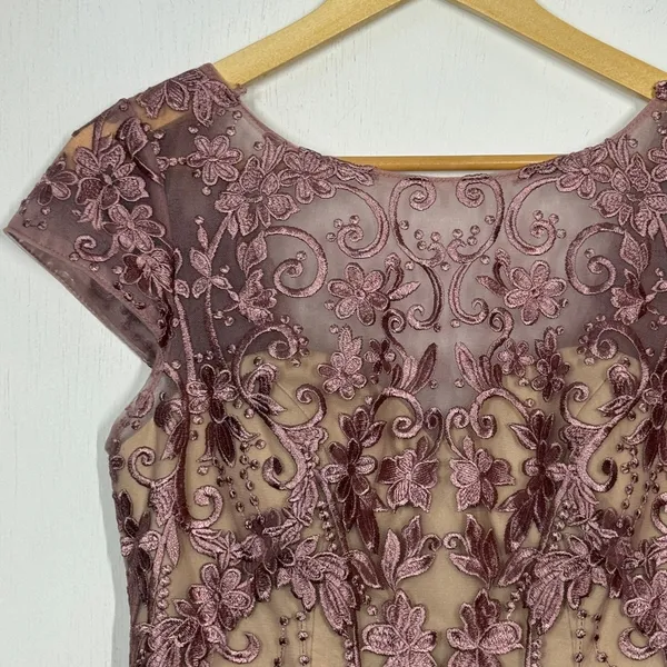 Azazie Sanna Midi Tulle A-Line Dress‎ Size 6 Dusty Rose Champagne Floral Lace - Image 7