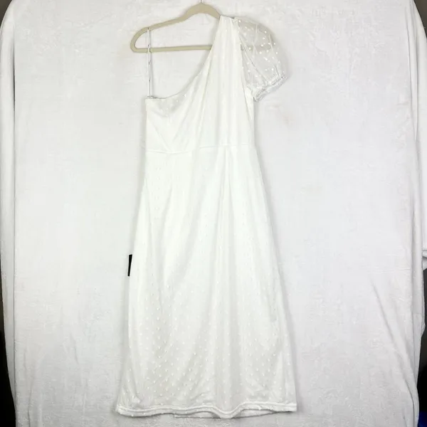Lulus Amazing Glamour White Polka Dot Mesh One Shoulder Midi Dress Size XL NWT - Image 5