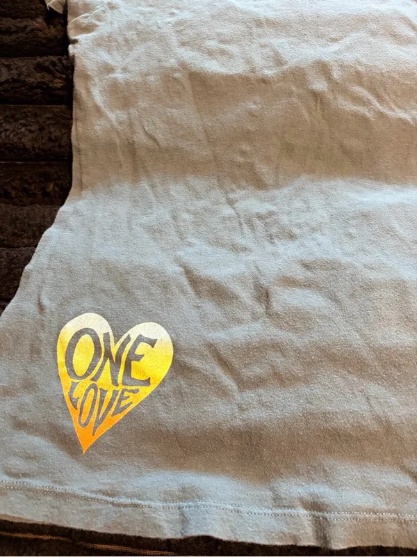 Vintage-Style 'One Love' Graphic Tee in Light Blue with Yellow & Green Print - Image 6