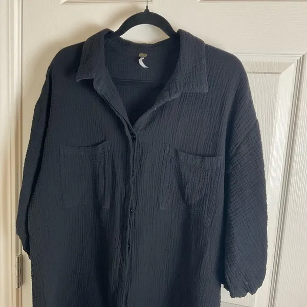 Young Fabulous & Broke Black Cotton Gauze Shirt Dress Large Cuffed Sleeve - Image 3