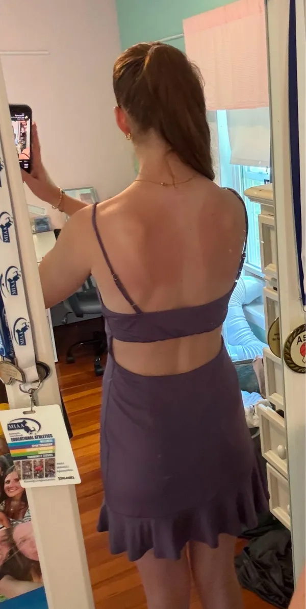 Lucy in the Sky Dark Purple Open Back Mini Dress - Image 2