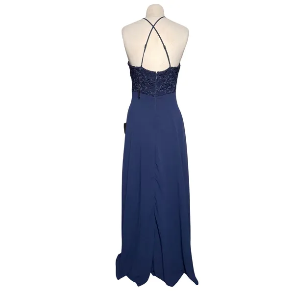 NWT LULU’s Women’s Navy Blue Chiffon Lace Maxi Full Length Dress Gown - Image 7