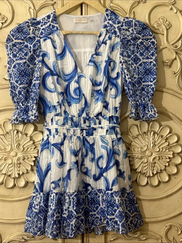 Ramy Brook Womens Susan Blue Printed V-Neck Cotton Mini Dress Size XXS. A-2 - Image 3