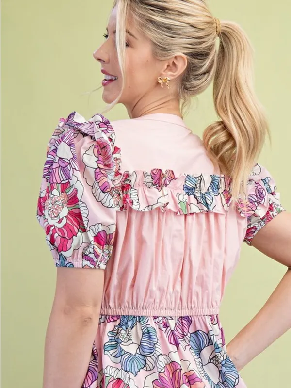 Gigio Pink Floral Ruffle Puff Sleeve Dress Size L - Image 2
