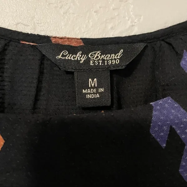 Lucky Brand Amelia Geometric Print Peasant Top SZ Medium‎ Black Blue Boho​ Aztec - Image 7