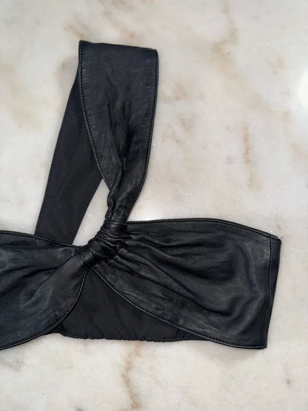 ZARA Black Leather One Shoulder Knot Crop Top Lambskin Stretch Band Small EUC - Image 6