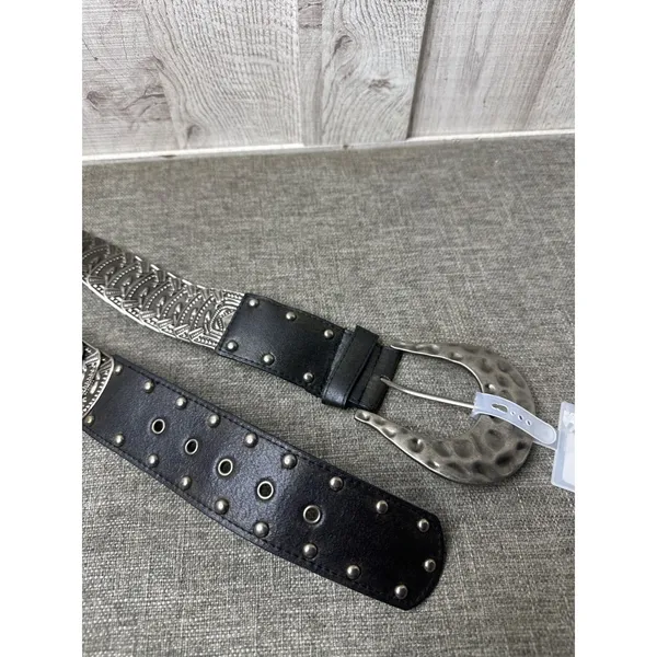 Western Style Black Belt w/ Silver Studded Details & Embossed Hardware Women S/M - Image 3