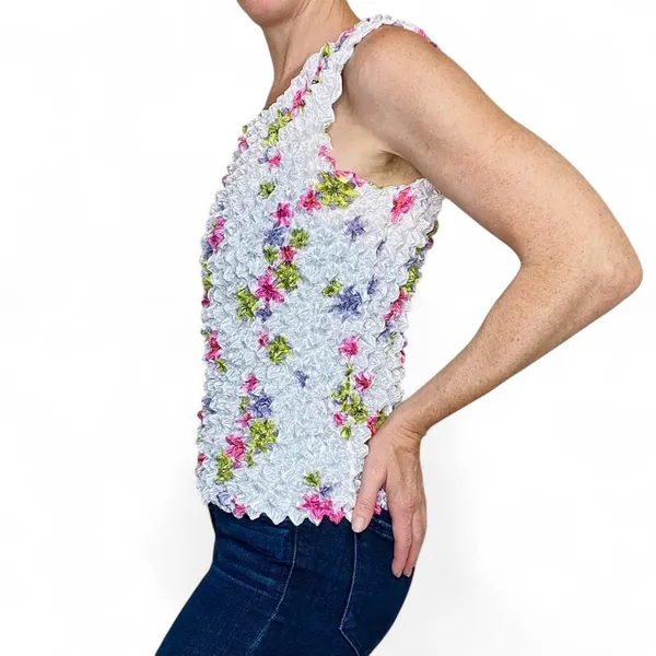 Vintage Y2K White & Pink Floral Scrunched Blouse - Image 4