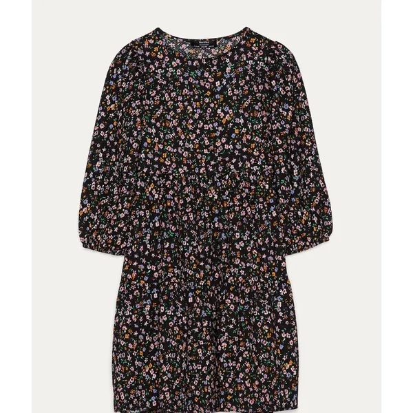 Bershka Womens Floral Babydoll Mini Dress Black Multi Tiered Puff Sleeve‎ Large - Image 5