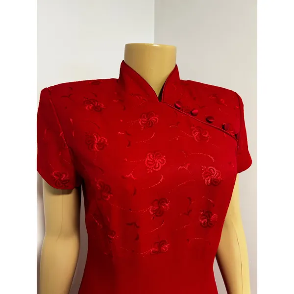 Vintage Taurus II Red Cheongsam Style Floral Jacquard ASIAN Midi Dress Size 8P - Image 3