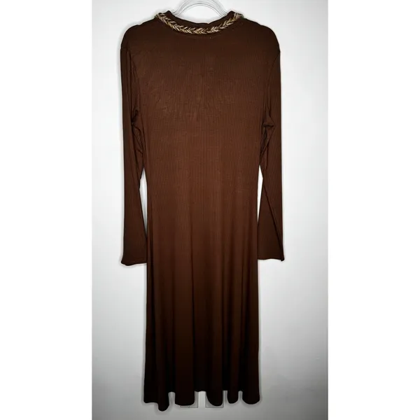 Cider 2020s Brown Ribbed Midi Dress Gold Trim Stretch NWT Large - Image 4