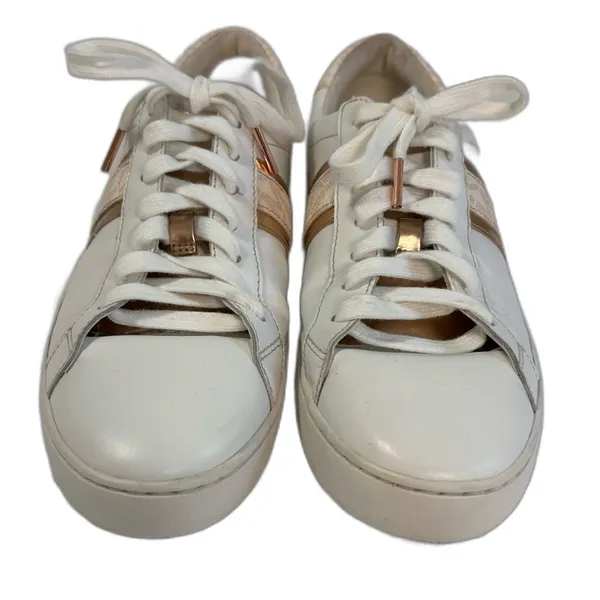 Michael Kors Irving‎ Stripe Sneakers Womens 9M White Rose Gold Leather Logo - Image 3