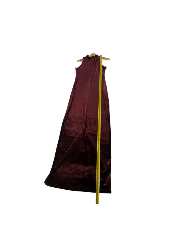 MINKPINK Women M Burgundy Velvet Maxi Dress Mock Neck Whimsigoth Gothic Slit - Image 9