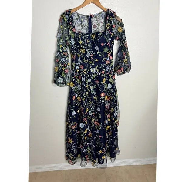 Floral Embroidered Mesh Midi Dress Sz 6 Bell Sleeve Cottagecore Navy - Image 2